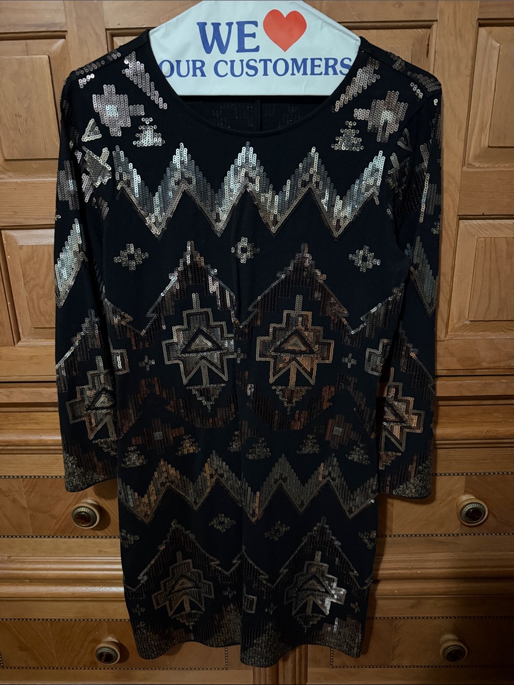 Express Black Long Sleeve Sequin Geo Shift Dress